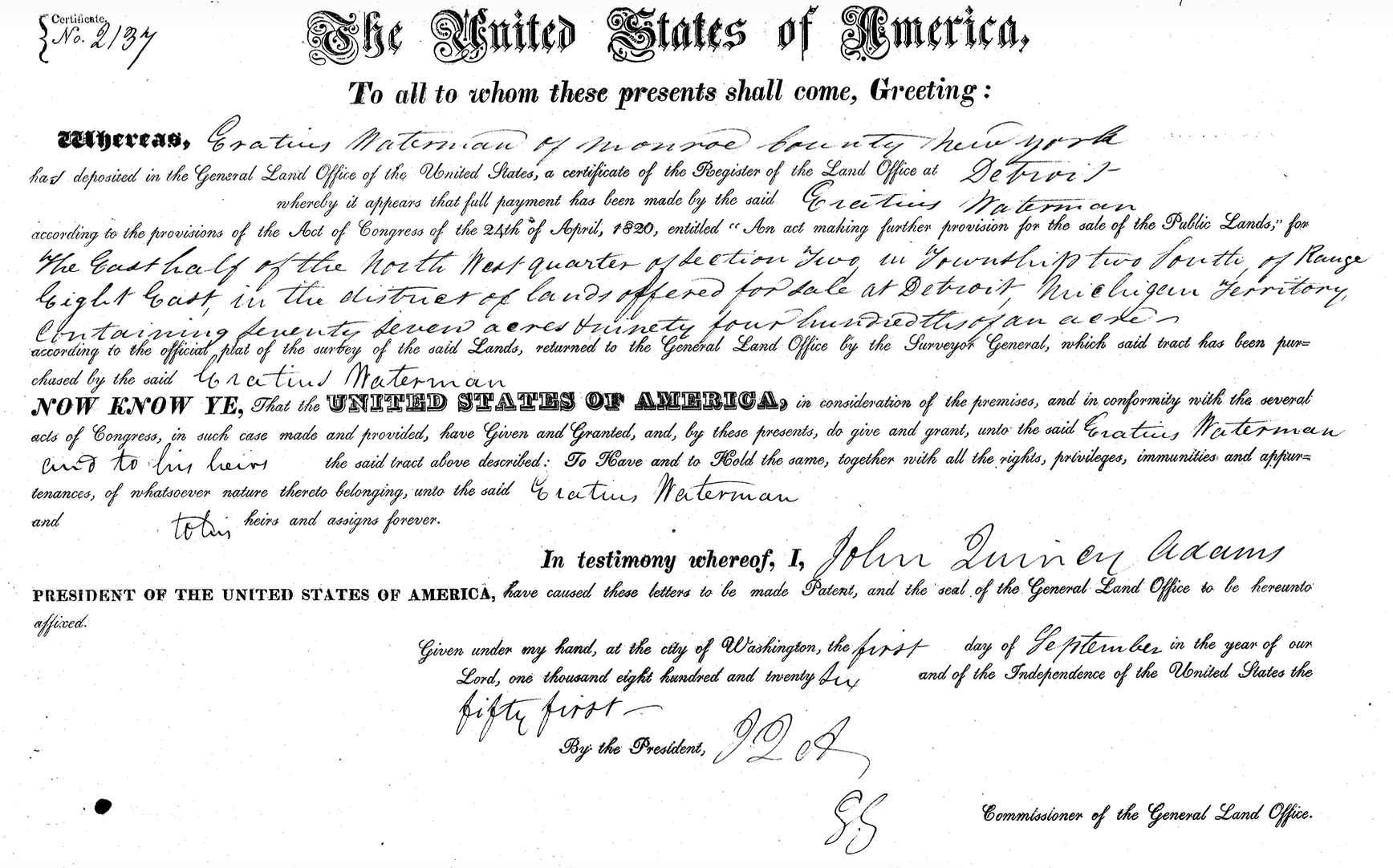 United States land patent issued to Eratius Waterman of Monroe County, New York, 1 September 1826, for 77.94 acres in Michigan Territory, signed for President John Quincy Adams